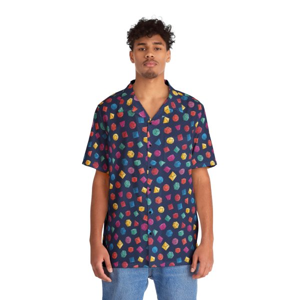 Hawaiian shirt with a fun polyhedron dice pattern; a great geeky gift for Dungeons and Dragons fans; front