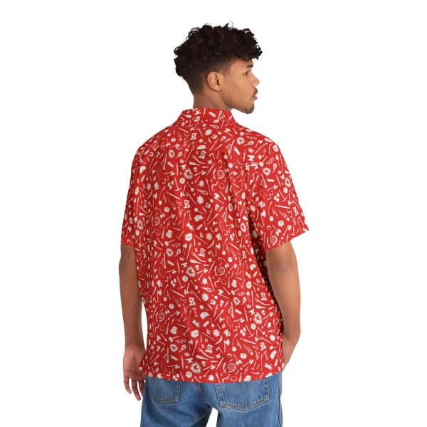 Hawaiian shirt with a fun DnD pattern full of weapons, spells, and other Dungeons and Dragons items, worn by a man back