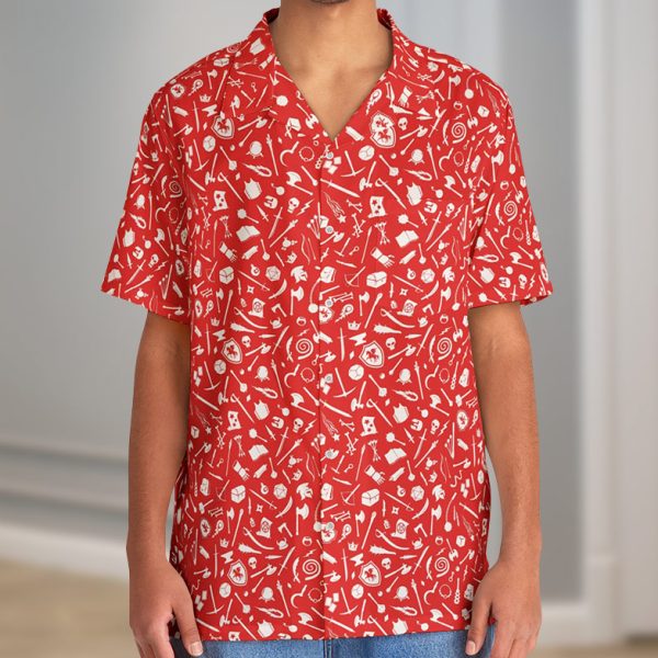 Hawaiian shirt with a fun DnD pattern full of weapons, spells, and other Dungeons and Dragons items, worn by a man closeup