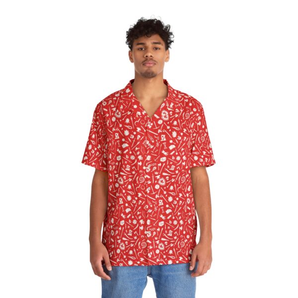 Hawaiian shirt with a fun DnD pattern full of weapons, spells, and other Dungeons and Dragons items, worn by a man front