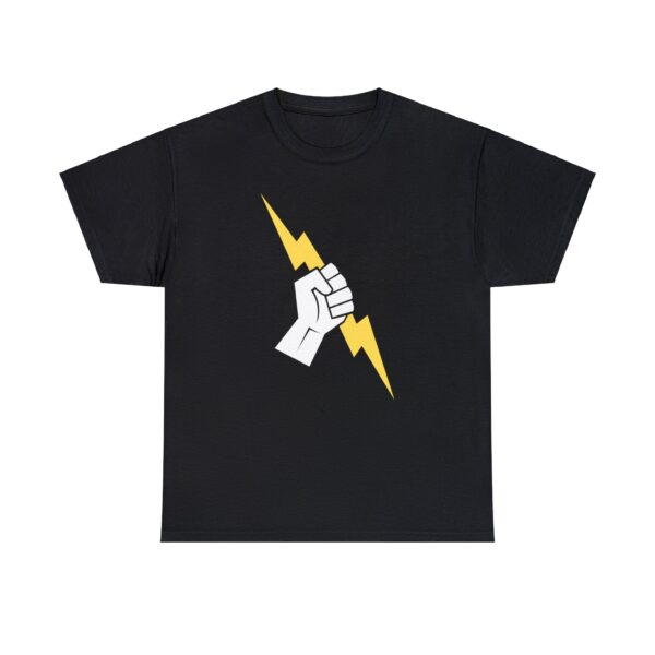 The symbol of Heironeous, a hand holding a lightning bolt, on a black shirt