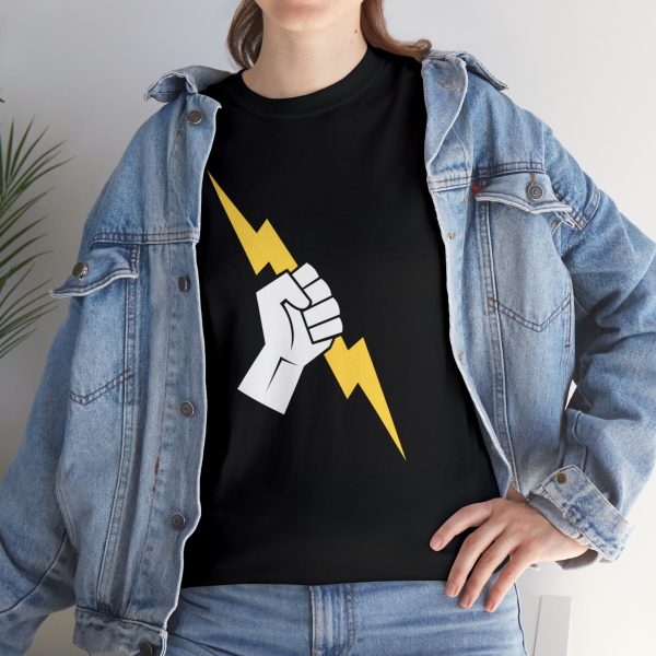 The symbol of Heironeous, a hand holding a lightning bolt, on a black shirt under a jacket
