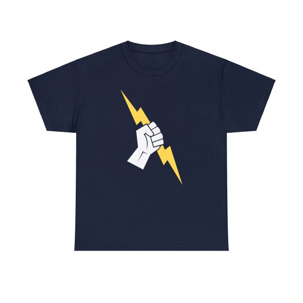 The symbol of Heironeous, a hand holding a lightning bolt, on a navy blue shirt