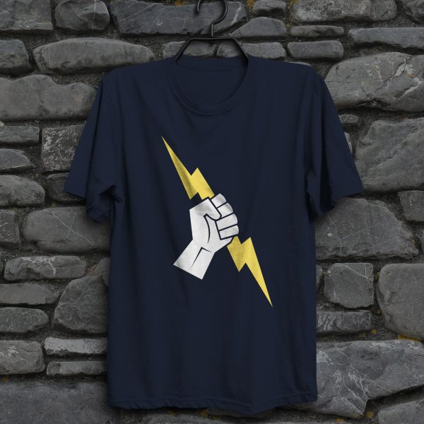 The symbol of Heironeous, a hand holding a lightning bolt, on a navy blue shirt hanging on wall