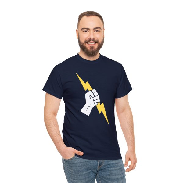 The symbol of Heironeous, a hand holding a lightning bolt, on a navy blue shirt worn by a man