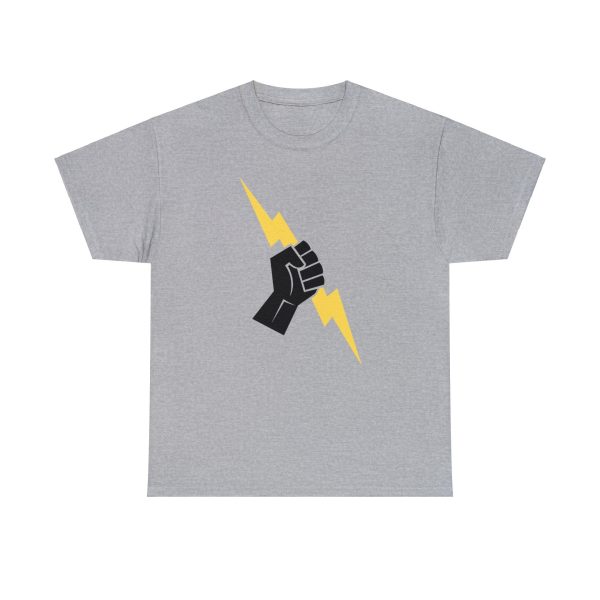 The symbol of Heironeous, a hand holding a lightning bolt, on a sport gray shirt