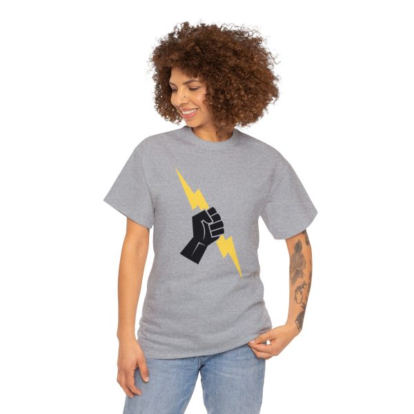 The symbol of Heironeous, a hand holding a lightning bolt, on a sport gray shirt worn by a woman