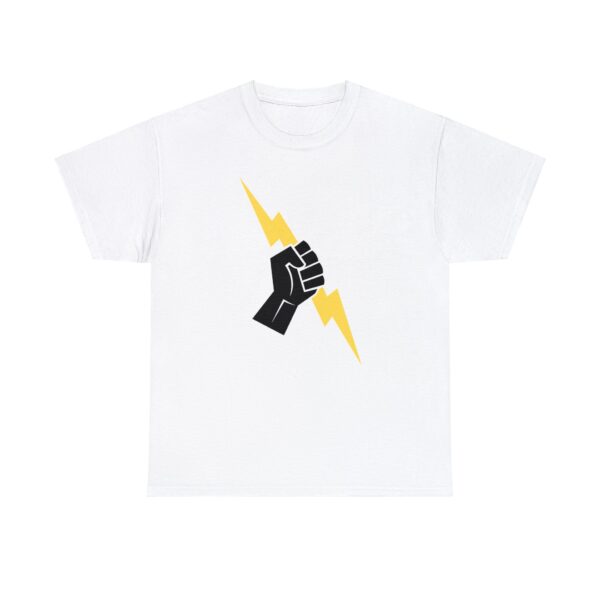 The symbol of Heironeous, a hand holding a lightning bolt, on a white shirt