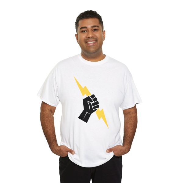 The symbol of Heironeous, a hand holding a lightning bolt, on a white shirt worn by a man