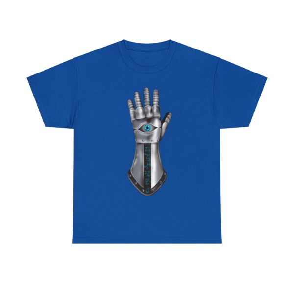 Gauntlet with an Eye, the Symbol of Helm, on a royal blue shirt