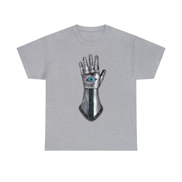 Gauntlet with an Eye, the Symbol of Helm, on a sport gray shirt