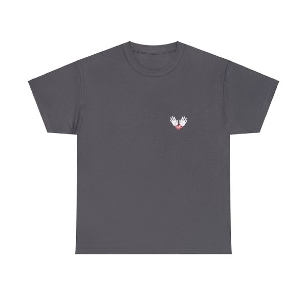 White hands bound with red cord, the symbol of ilmater, on a charcoal shirt