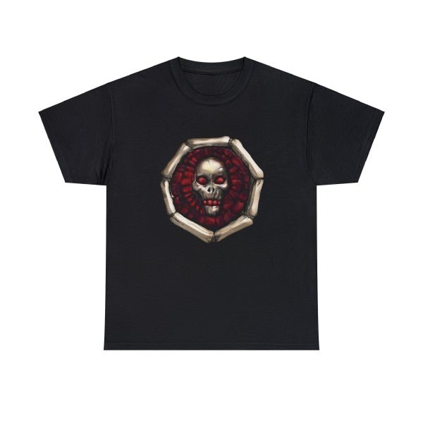 Symbol of Iuz, a grinning human skull with blood-red highlights, on a black shirt