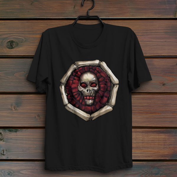 Symbol of Iuz, a grinning human skull with blood-red highlights, on a black shirt hanging on a wall