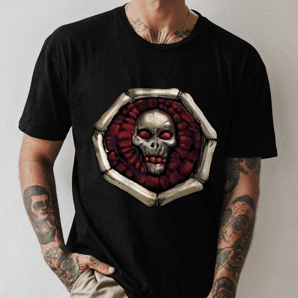 Symbol of Iuz, a grinning human skull with blood-red highlights, on a black shirt worn by a man leaning against a wall