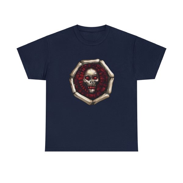 Symbol of Iuz, a grinning human skull with blood-red highlights, on a navy blue shirt