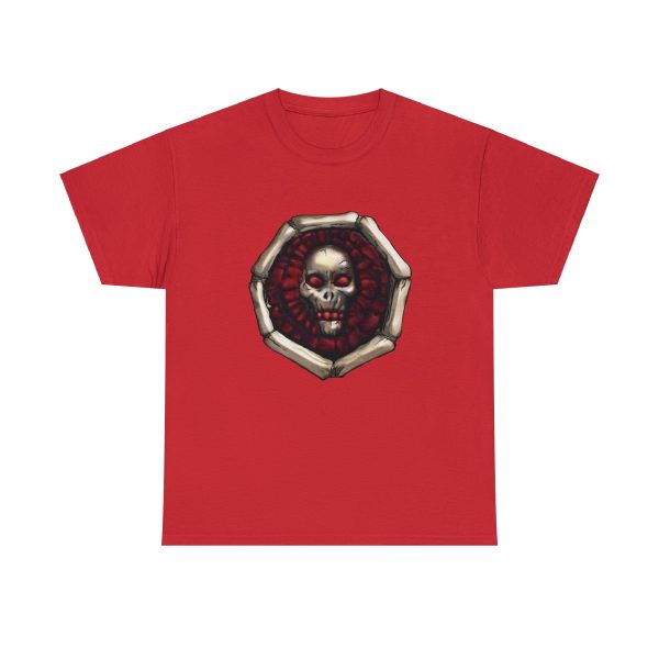 Symbol of Iuz, a grinning human skull with blood-red highlights, on a red shirt