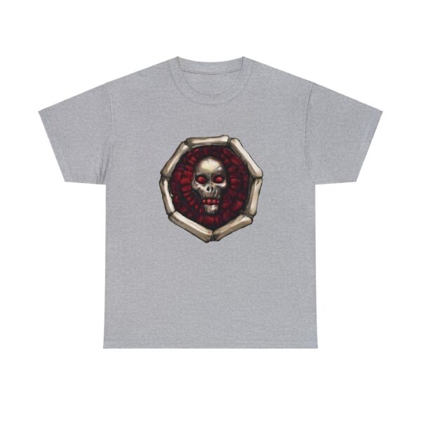 Symbol of Iuz, a grinning human skull with blood-red highlights, on a sport gray shirt