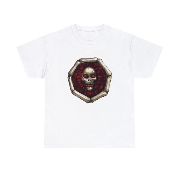Symbol of Iuz, a grinning human skull with blood-red highlights, on a white shirt