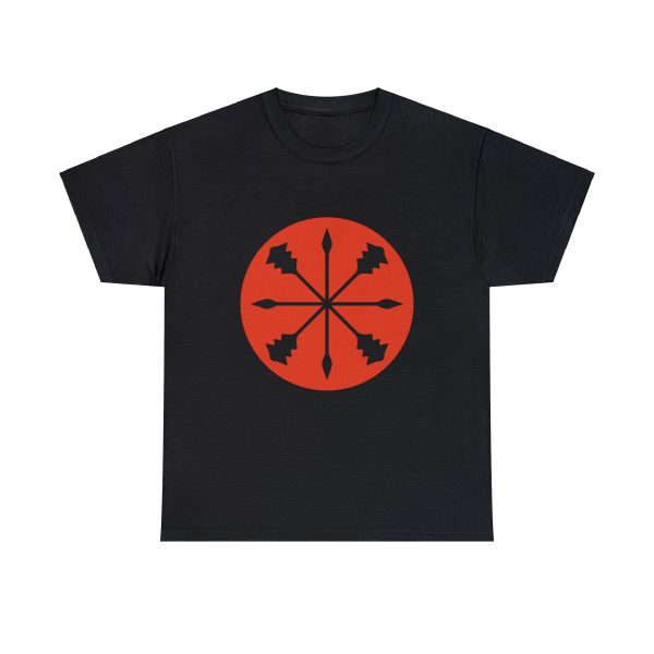 Black t-shirt with the symbol of kord, a star of spears and maces
