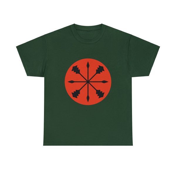 Forest green t-shirt with the symbol of kord, a star of spears and maces