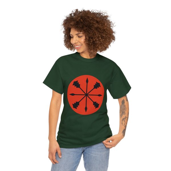 Forest green t-shirt with the symbol of kord, a star of spears and maces, on a woman
