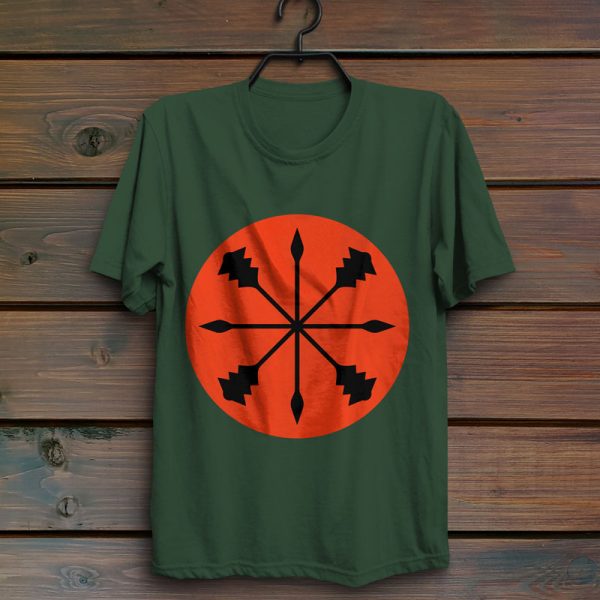 Forest green t-shirt with the symbol of kord, a star of spears and maces, hanging on a wall
