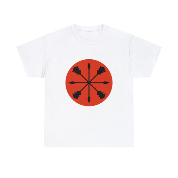 White t-shirt with the symbol of kord, a star of spears and maces