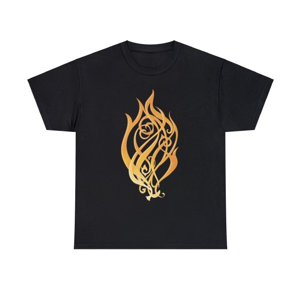 A shirt with the symbol of Kossuth, the Elemental Lord of Fire, on black