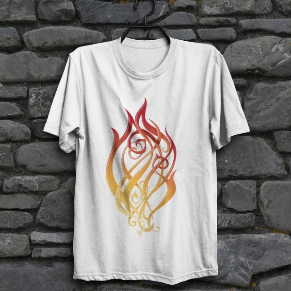 A shirt with the symbol of Kossuth, the Elemental Lord of Fire, on white shirt hanging on a wall