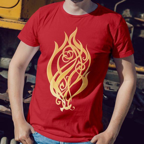 A shirt with the symbol of Kossuth, the Elemental Lord of Fire, on red shirt worn by a man leaning against a wall