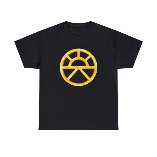 The symbol of Lathander, the DnD deity of renewal's symbol, on a black shirt