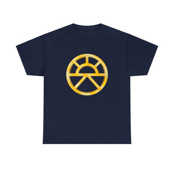 The symbol of Lathander, the DnD deity of renewal's symbol, on a navy blue shirt
