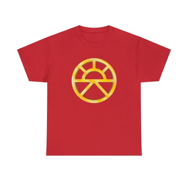 The symbol of Lathander, the DnD deity of renewal's symbol, on a red shirt