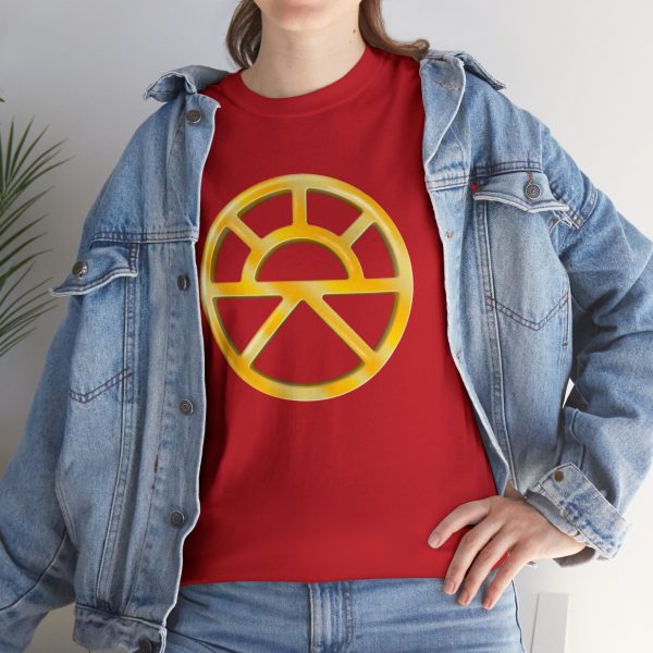 The symbol of Lathander, the DnD deity of renewal's symbol, on a red shirt under a jean jacket