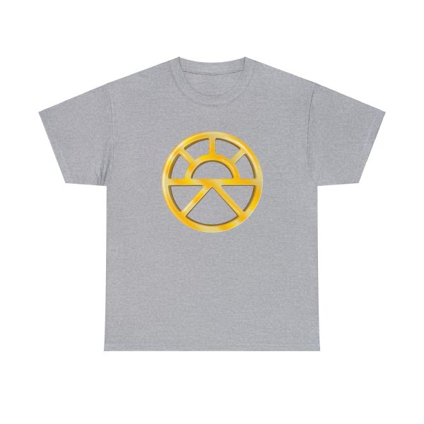 The symbol of Lathander, the DnD deity of renewal's symbol, on a sport gray shirt