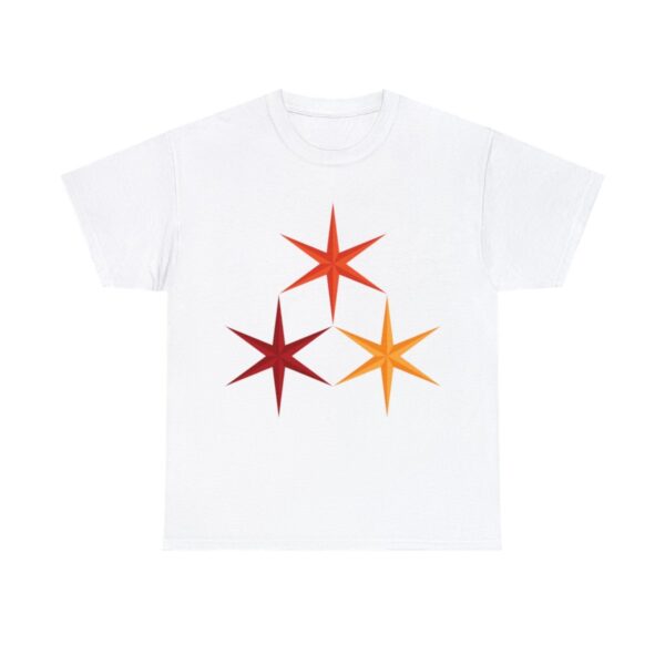 A white shirt with the symbol of Lliira, the Joybringer, goddess of joy, happiness, contentment, dance, festivals, and freedom.
