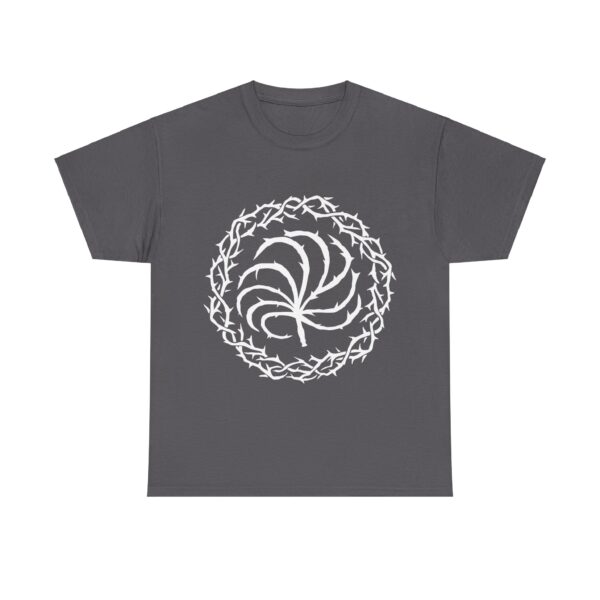 charcoal gray t-shirt with the symbol of Loviatar, a nine-tailed barbed scourge or whip