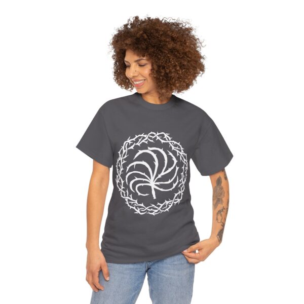 charcoal gray t-shirt with the symbol of Loviatar, a nine-tailed barbed scourge or whip, on a woman