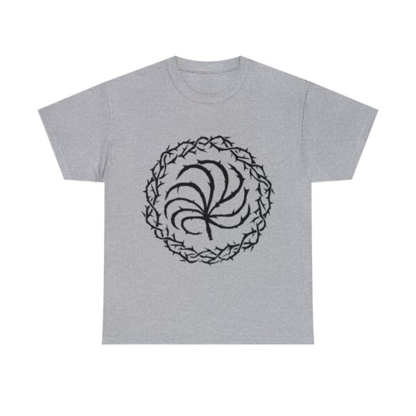 sport gray t-shirt with the symbol of Loviatar, a nine-tailed barbed scourge or whip