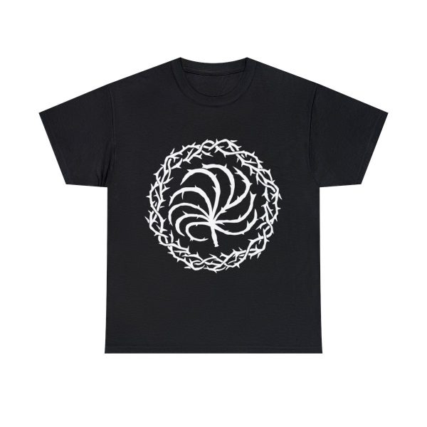 black t-shirt with the symbol of Loviatar, a nine-tailed barbed scourge or whip