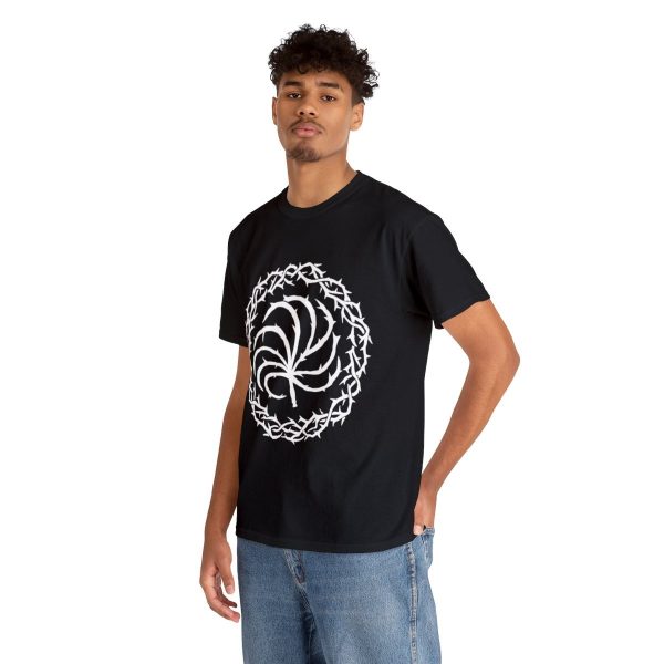 black t-shirt with the symbol of Loviatar, a nine-tailed barbed scourge or whip, on a man