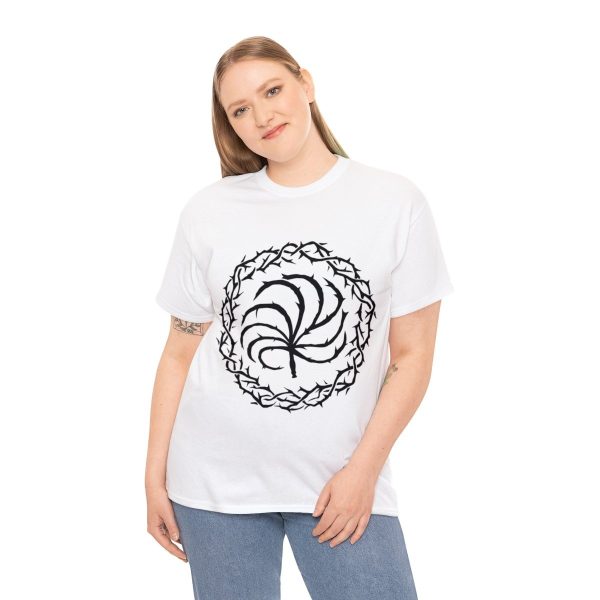 white t-shirt with the symbol of Loviatar, a nine-tailed barbed scourge or whip, on a woman