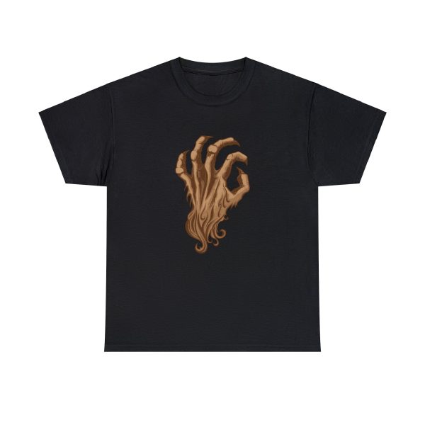 The symbol of Malar, the Beastlord, an upright bestial claw hand with brown fur, on a black shirt