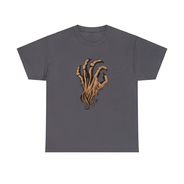 The symbol of Malar, the Beastlord, an upright bestial claw hand with brown fur, on a charcoal gray shirt