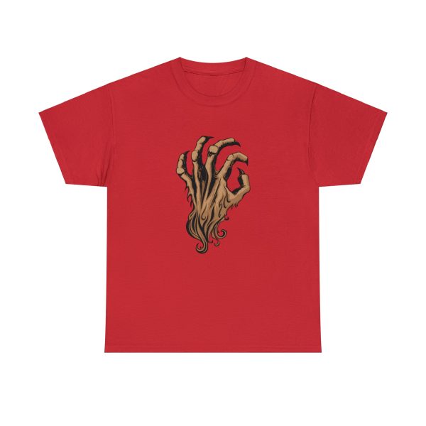 The symbol of Malar, the Beastlord, an upright bestial claw hand with brown fur, on a red shirt