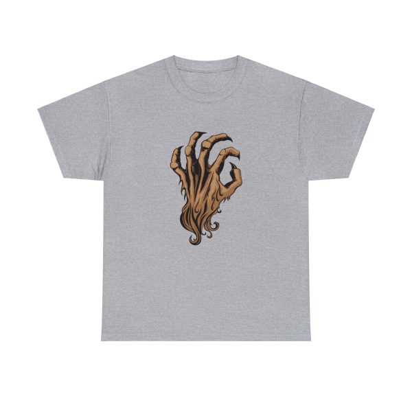 The symbol of Malar, the Beastlord, an upright bestial claw hand with brown fur, on a sport gray shirt