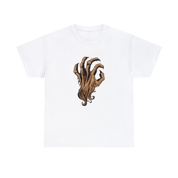 The symbol of Malar, the Beastlord, an upright bestial claw hand with brown fur, on a white shirt