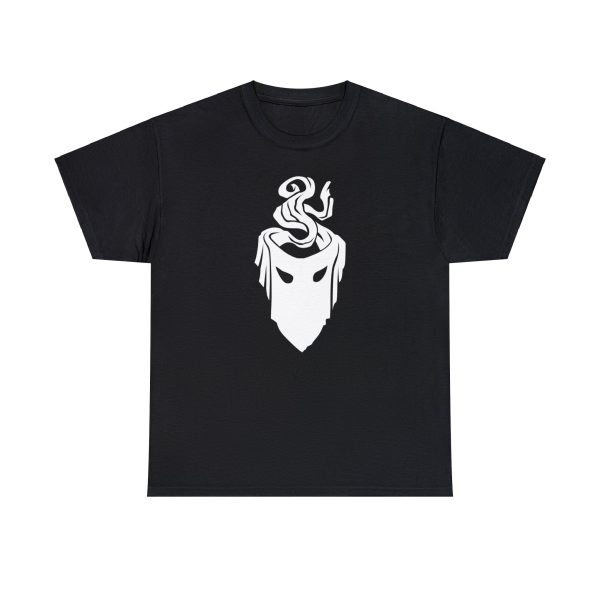 The symbol of mask, a black velvet mask, on a black shirt