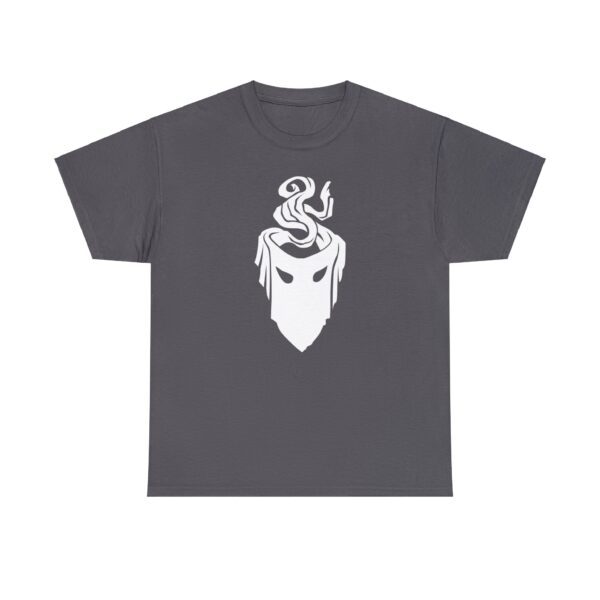 The symbol of mask, a black velvet mask, on a charcoal gray shirt